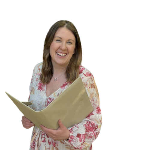 Chester celebrant Molly holding a ceremony script, with Molly’s Ceremonies logo in the background