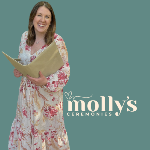 Chester celebrant Molly holding a ceremony script, with Molly’s Ceremonies logo in the background